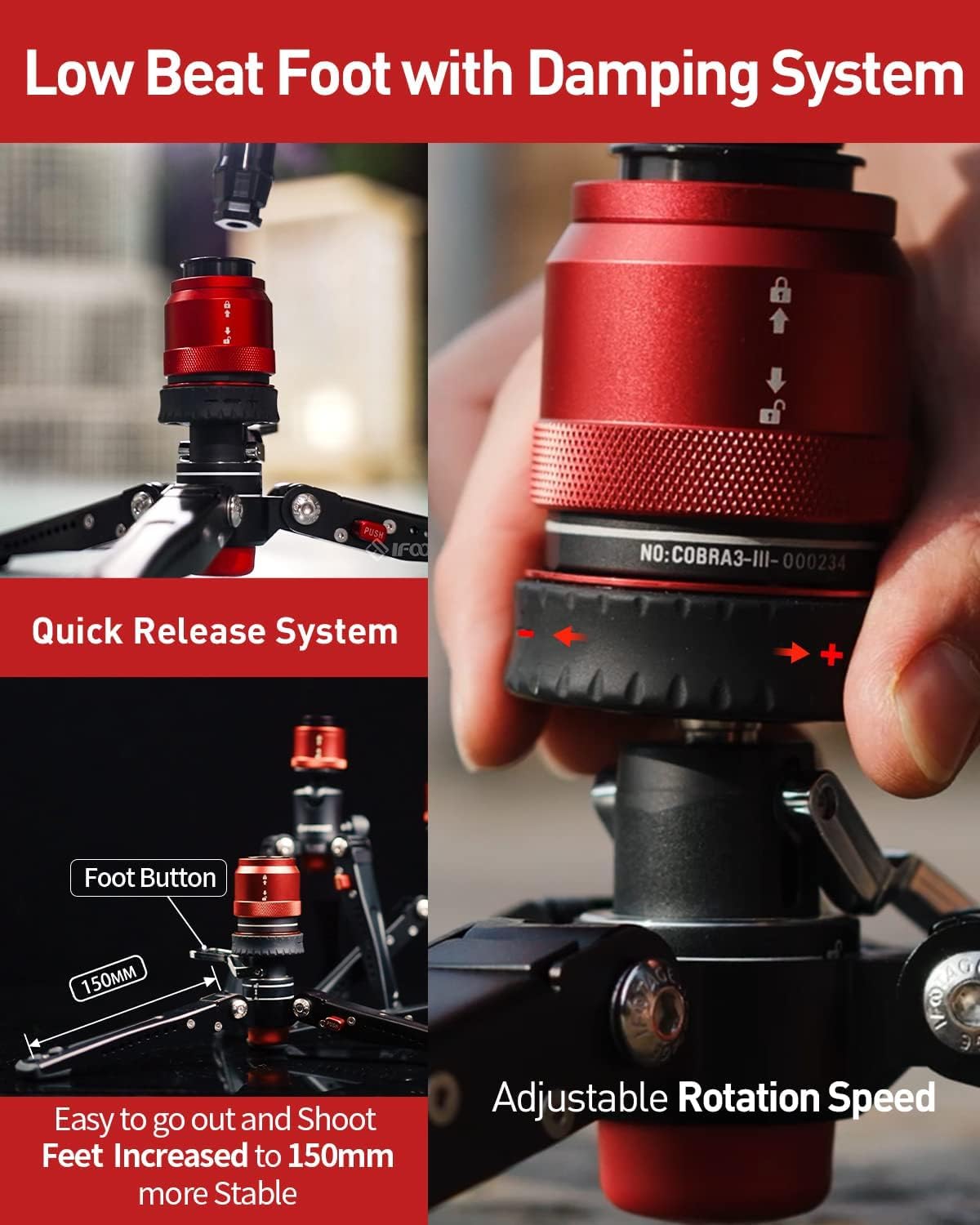 IFOOTAGE Cobra 3 Monopod Base-P Mini statyw biurkowy, niskoprofilowy minipod, mały statyw do aparatu, płynny obrót o 360°, śruby 1/10.2 cm i 3/20.3 cm, obciążenie do 8 kg