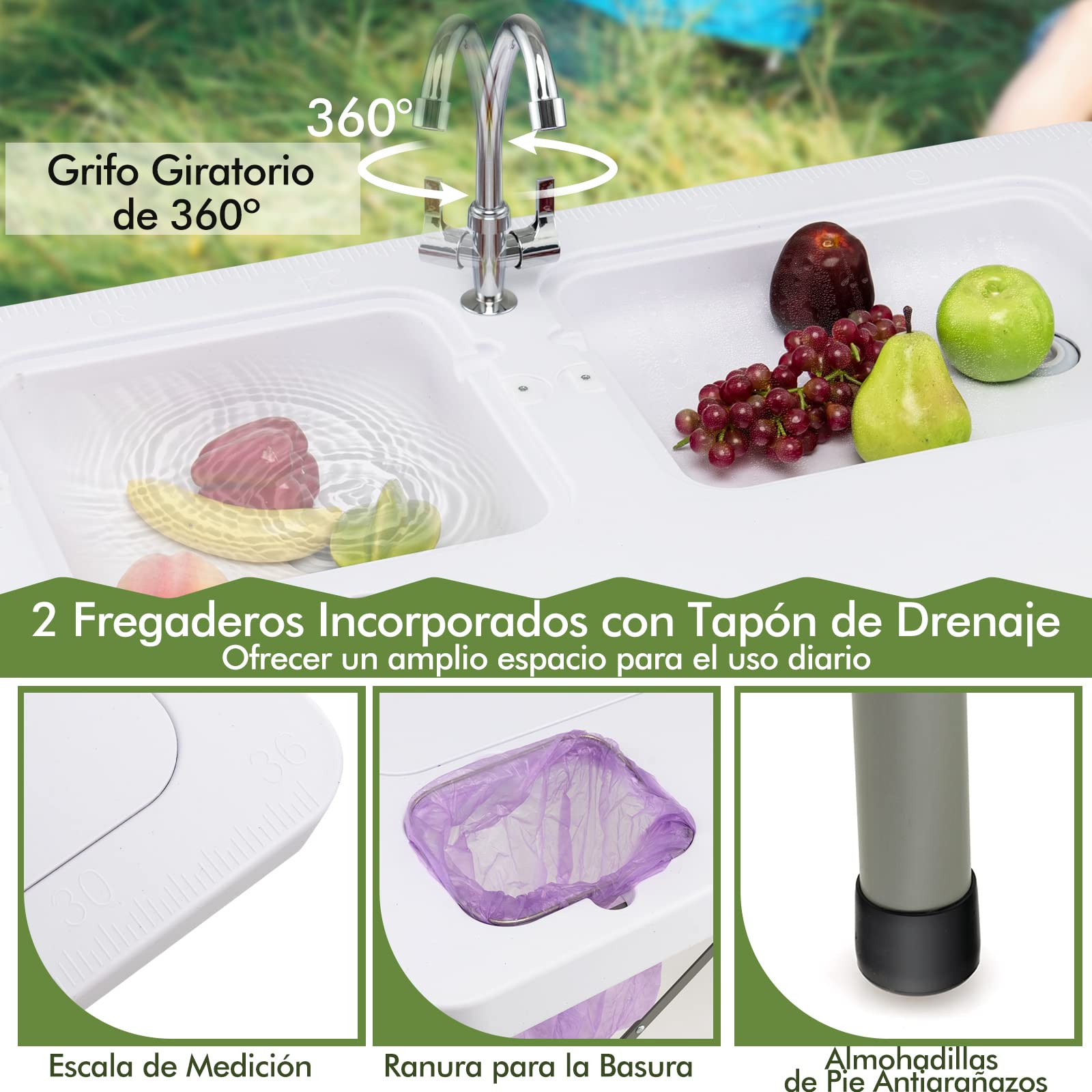 COSTWAY Mesa Plegable Camping, 2 en 1 Mesa+Estación de Limpieza, Grifo Giratorio 360°y 2 Fregaderos para Pesca, Picnic Portátil para Camping, Pesca, Barbacoa, 101,5 x 65,5 x 107,5 cm(Estilo 4)