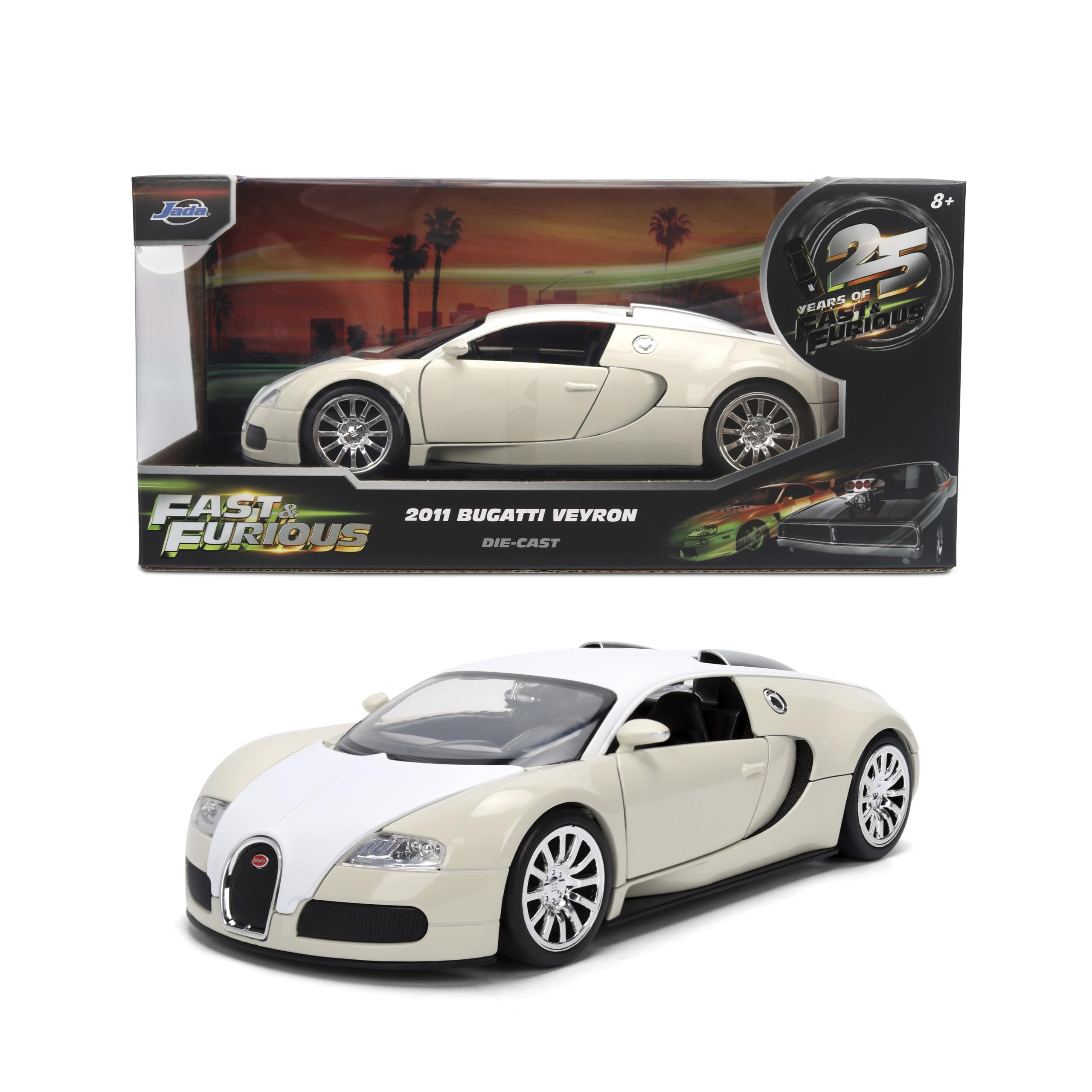 Jada Fast & Furious 2011 Bugatti Veyron - Druckguss-Modellspielzeug im Maßstab 1:24 - Türen zum Öffnen und Haube - für Sammler und Enthusiasten ab 8 Jahren - Weiß