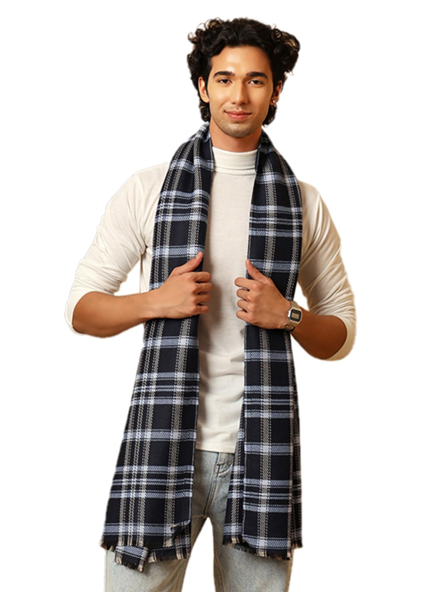 tweedle Men’s Soft Blanket Muffler/Stole, Traditional Checkered Wrap for Gents | Size - 28 x 80 inches