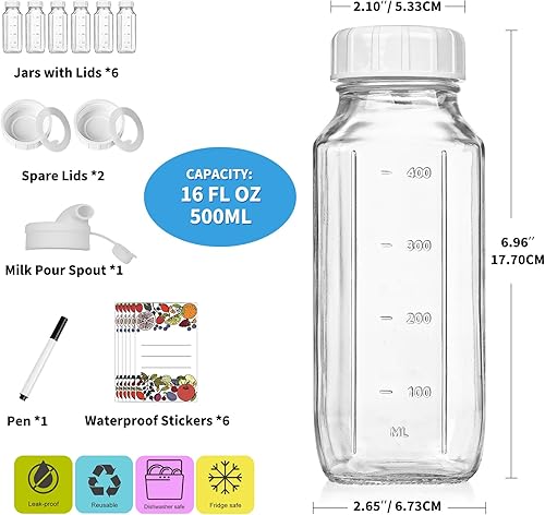 Miniatura 8 de Paquete de 6 botellas de vidrio de 16 onzas con boquilla de vertido, tapa de rosca 100% hermética, resistente, botellas de leche de vidrio