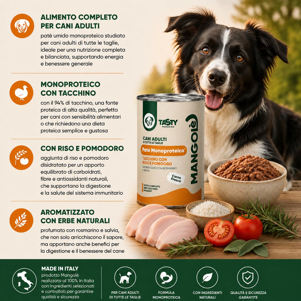 Dog Patè Monoproteico Tacchino con Riso e Pomodoro 400 g Alimento Umido Completo per Cani Adulti Aromatizzato con Rosmarino e Salvia (36 Pezzi)