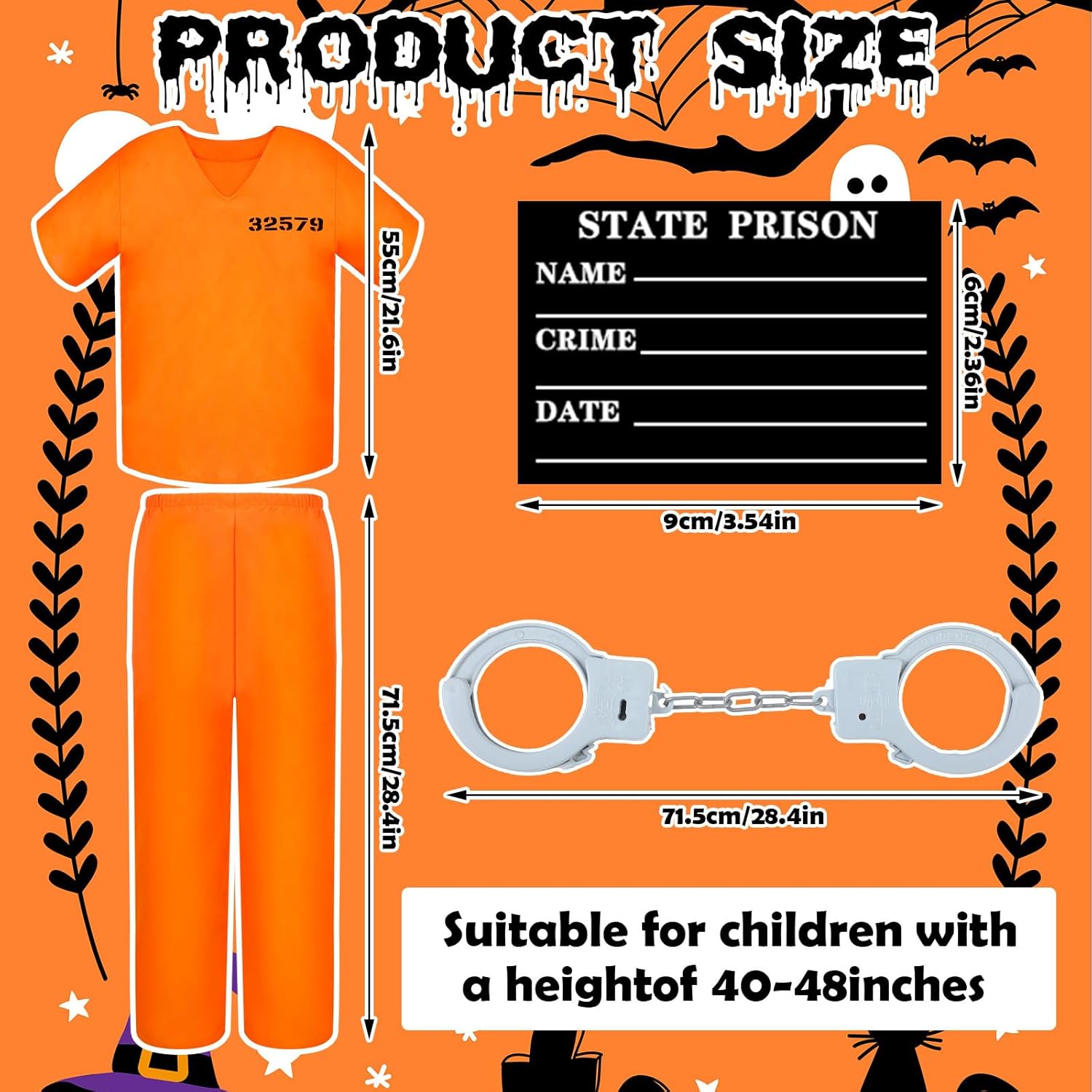 Poen Kids Prisoner Costume Halloween Set Orange Prisoner Jumpsuit with Handcuffs and ID Card for Boys Girls Children Cosplay - Image 2
