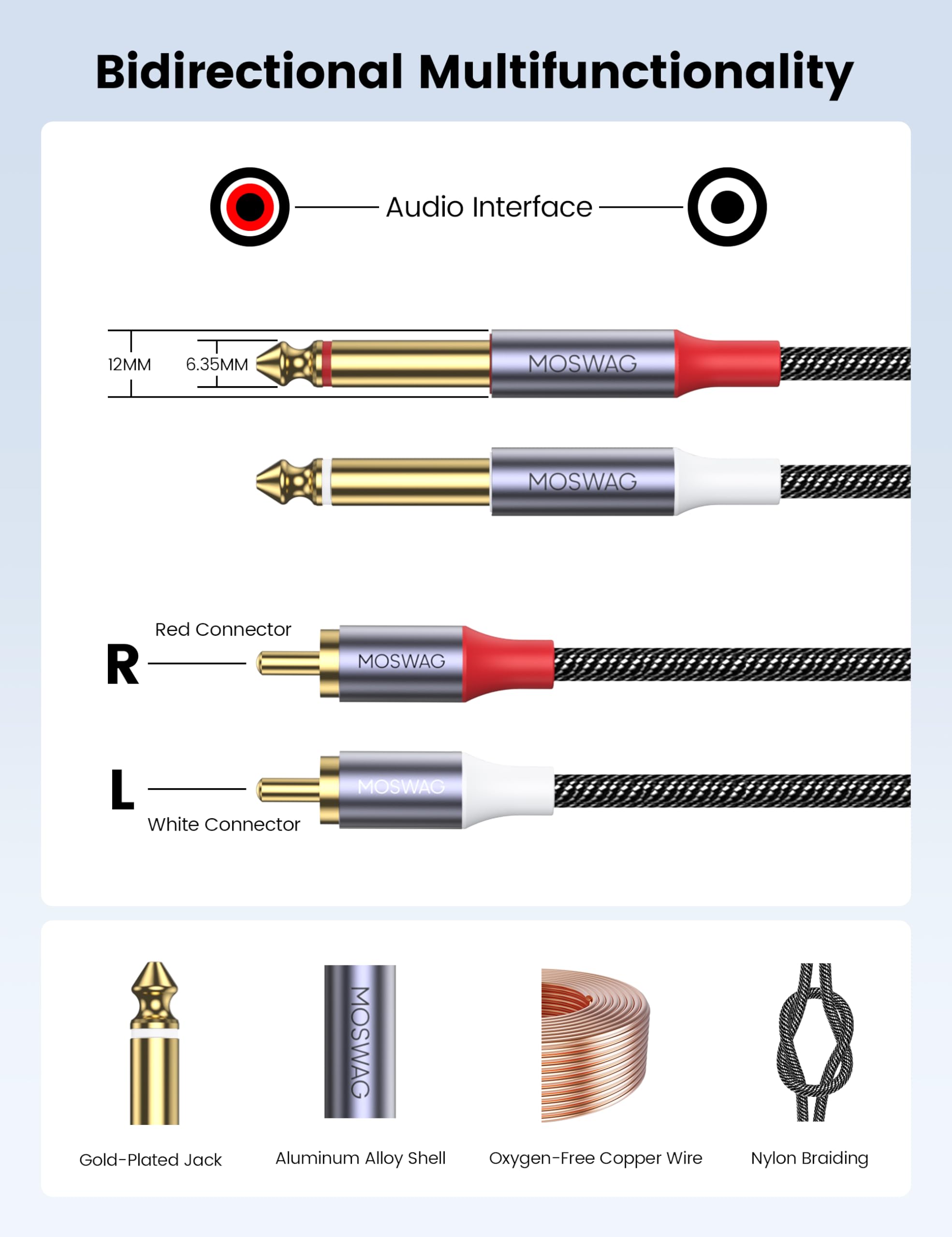 MOSWAG Doppio RCA a Doppio Cavo 1/4, Placcato oro Heavy Duty 2 x 6,35 mm TS mono Jack Maschio a 2 RCA Maschio cavo Adattatore per Amplificatore, Lettore di Musica, Altoparlanti, TV,3M - 4