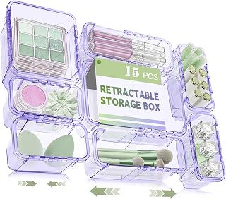 15 Pcs Adjustable Clear Drawer Organizer, All Extendable Vanity Storage Bins, Desk Drawer Organizer Set for Makeup, Cosmetics, Bedroom, and Gadgets, Purple