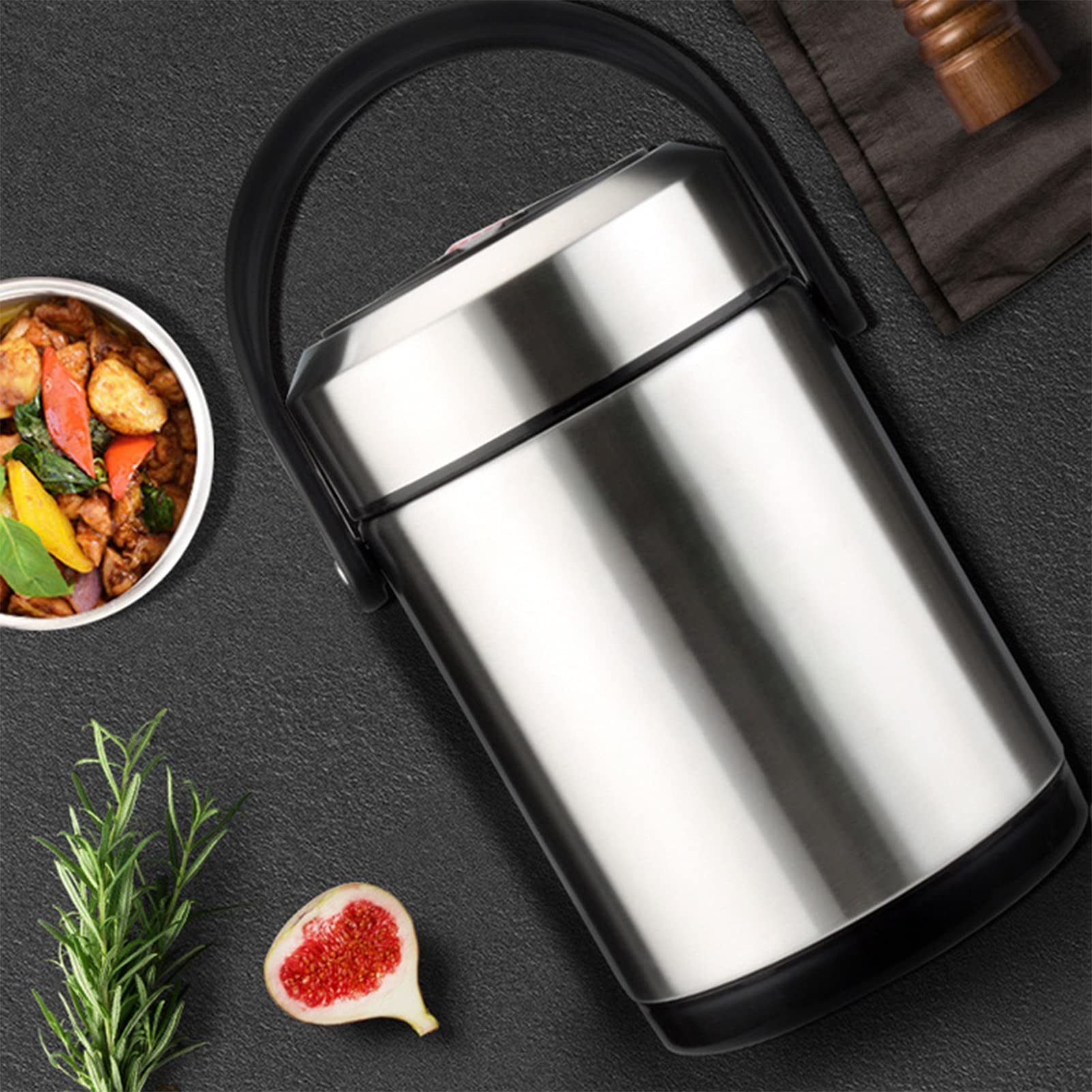 Fiambrera Térmica, Fiambreras Bento de Acero Inoxidable,Recipientes Termicos Comida a Prueba de Fugas, Frascos de Comida y Frasco de Sopa aislados para Escuela Oficina, los Viajes,Gris,1.6L