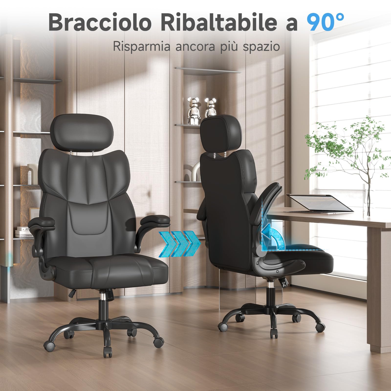 naspaluro Sedia Ufficio Ergonomica con Braccioli Regolabili, Sedia Scrivania con Rotelle, Poltrona Direzionale PU, Supporto Lombare, Schienale Alto 83 cm, Altezza Regolabile e Girevole 360°, Nero