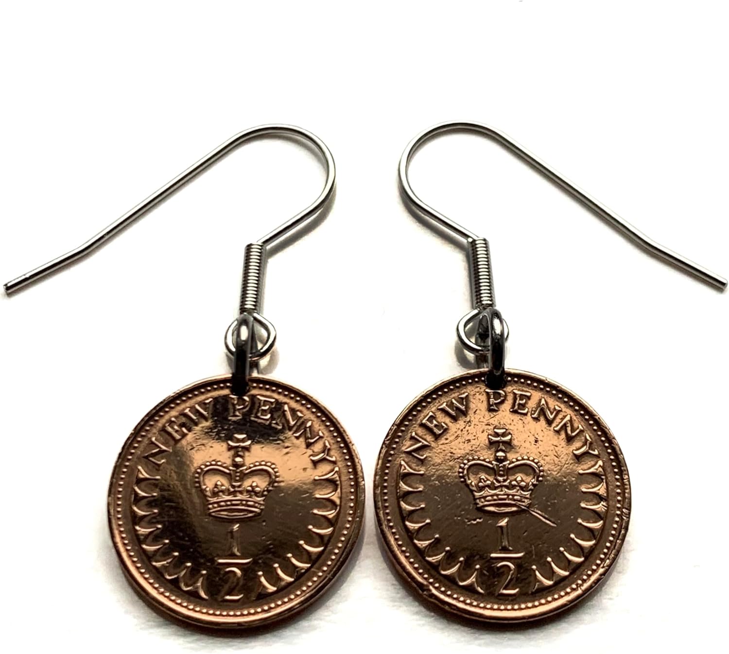 1971 England United Kingdom 1/2 Penny coin earrings Henry VII English crown House of Tudor London Manchester Birmingham Leeds Sheffield Yorkshire Liverpool Southampton Nottingham Newcastle UK e000379