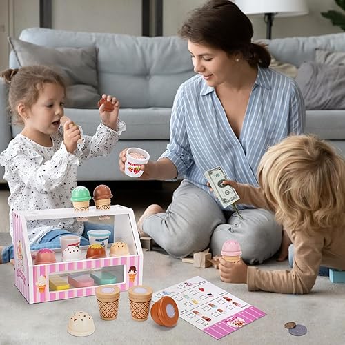 Miniatura 7 de Juguete de helado, juguetes de madera para jugar, tienda de juegos para niños, juego de helado de madera con cuchara, menú, dinero falso, juguetes