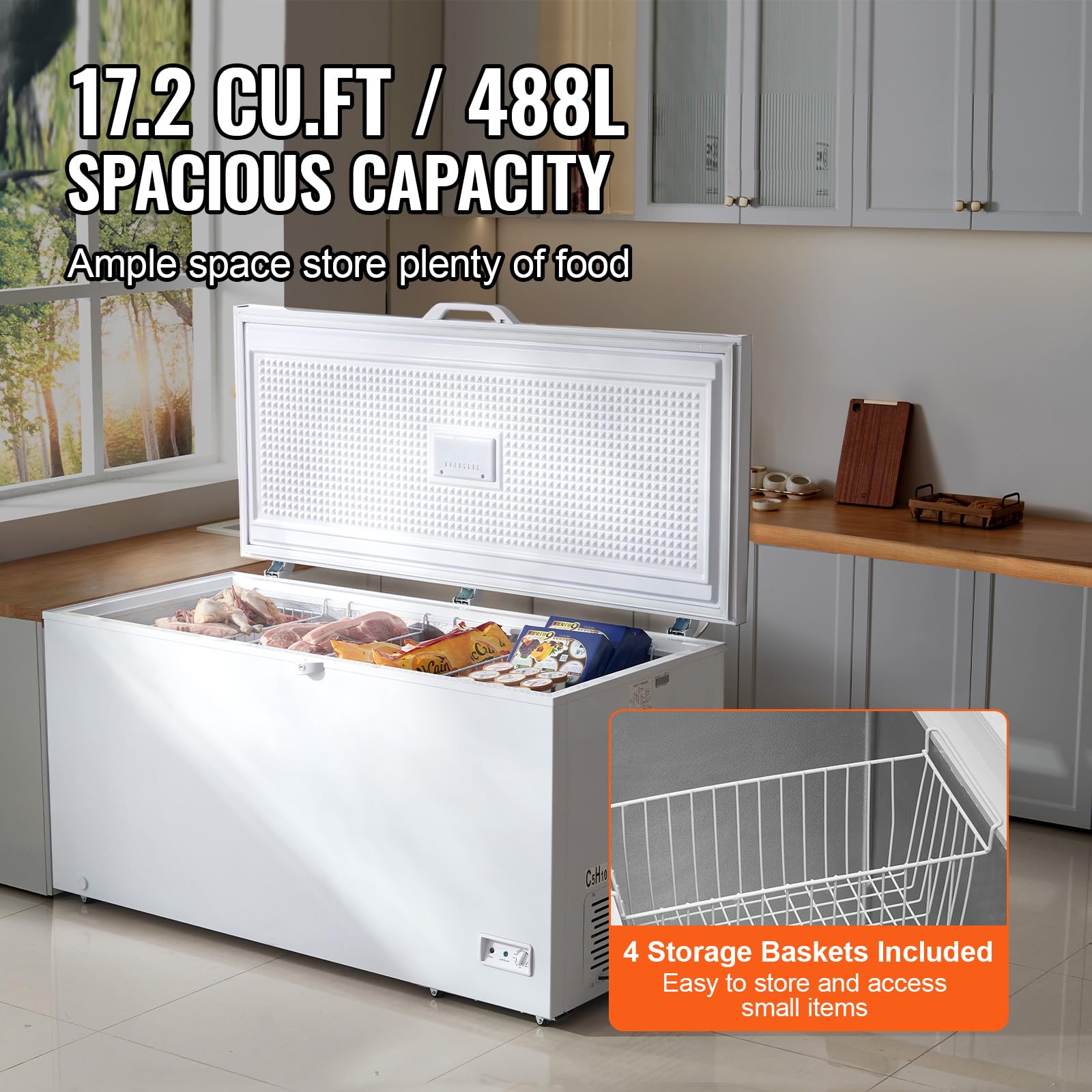 Happybuy Chest Freezer, 17.2 Cu.Ft / 488 L Large Deep Freezer With 4 Baskets; Freestanding, Top Open Door, 7-Level Temp Adjustment, LED Light, Locking Lid, 6 Wheels on Fridge.com - View 2