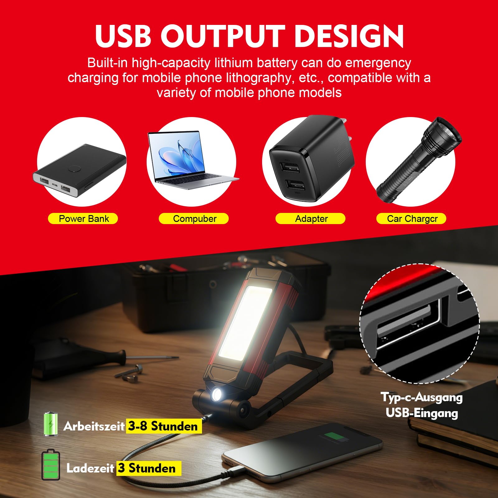 Lampada da Lavoro LED Ricaricabile, Lampada da Officina con Base Magnetica e Supporto Girevole 360°, 7 Modalità di Illuminazione, Torcia Portatile Impermeabile IPX6 per Auto, Officina e Campeggio