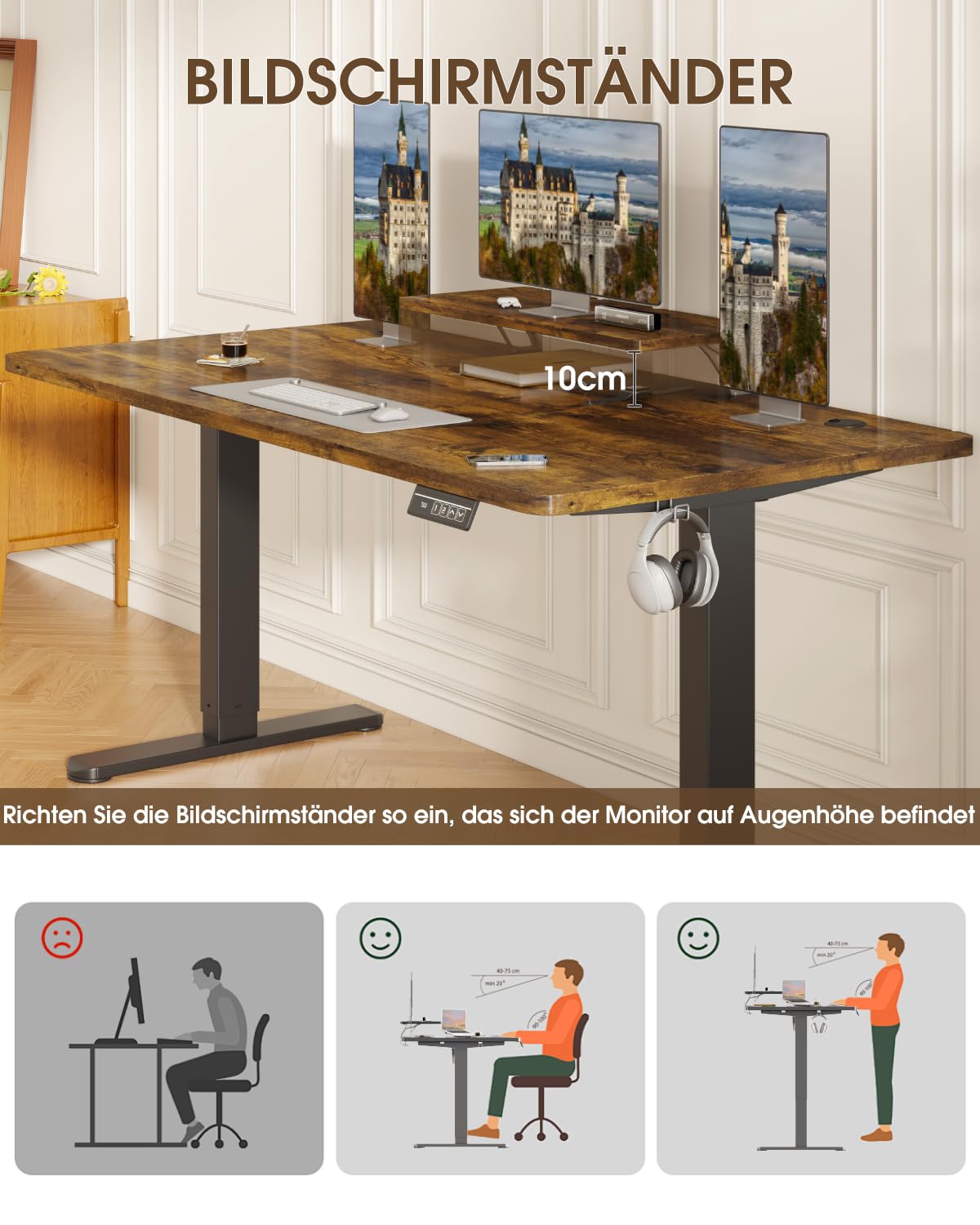 Devoko Höhenverstellbarer Schreibtisch 160×70cm mit Monitorständer | Schreibtisch Höhenverstellbar Elektrisch mit 2 Höhen Memory-Steuerung, Ergonomisches Sitz-Stehpult,Vintagebraun