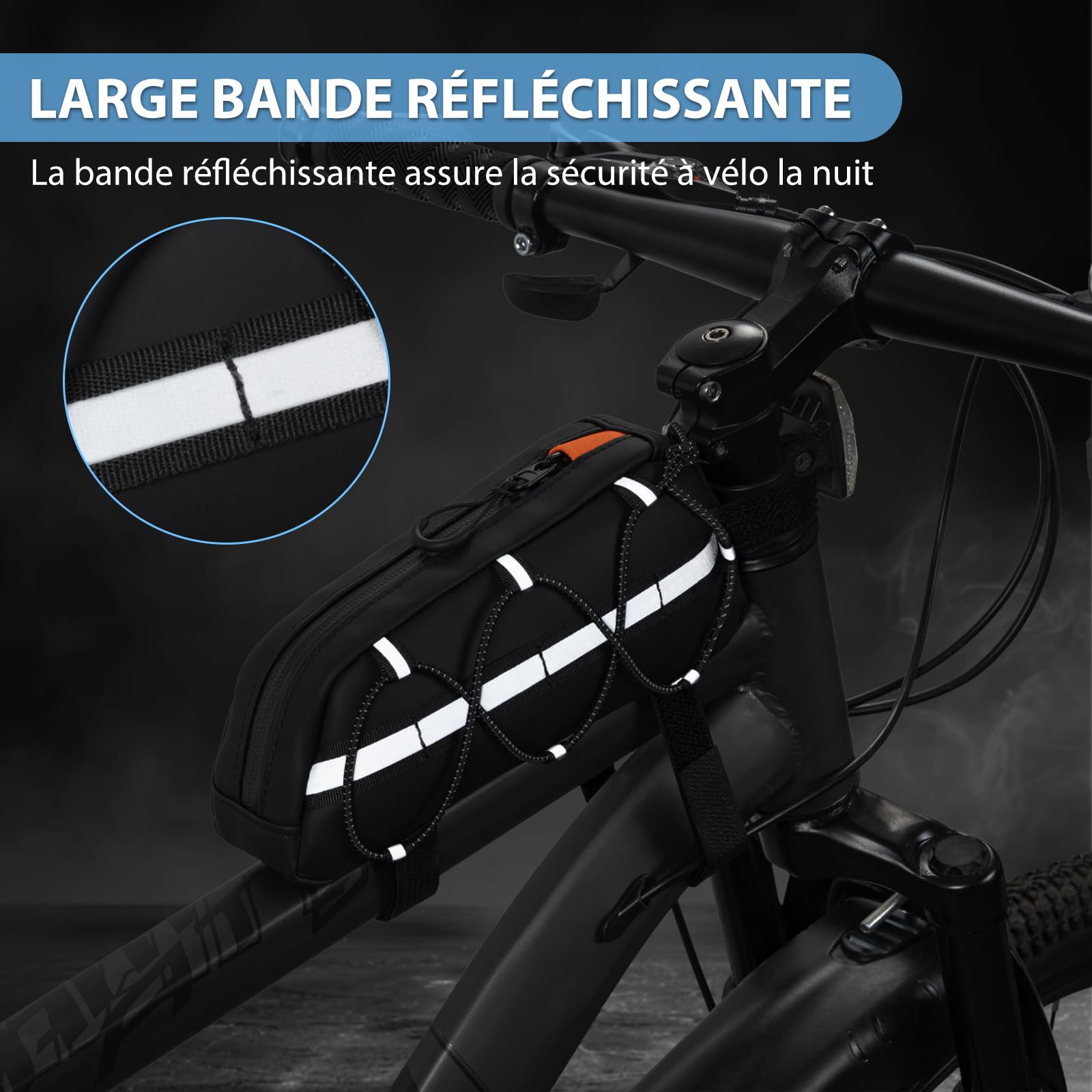 Torba na Ramę Rowerową 1,2 L z Odblaskowymi Paskami Wodoszczelna dla MTB Szosowego i E-Bike'a Czarny
