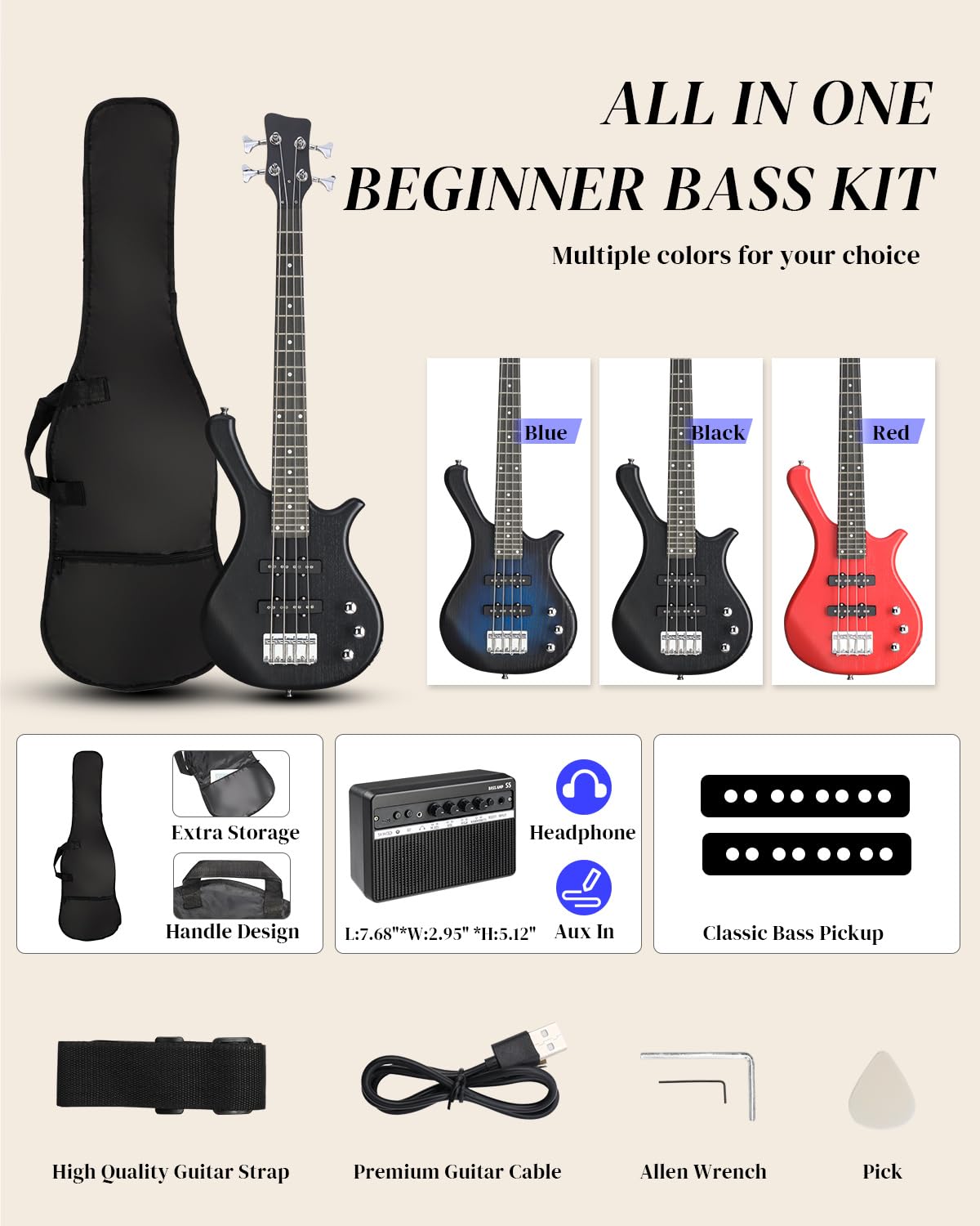 Ktaxon 36 Inch Bass Guitar 4 String Electric Bass Guitar with Dual Connectivity & Portable Power 15W Amp, Excellent Tone, Exquisite Craftsmanship and Ergonomic Body Design for Beginner(Black)