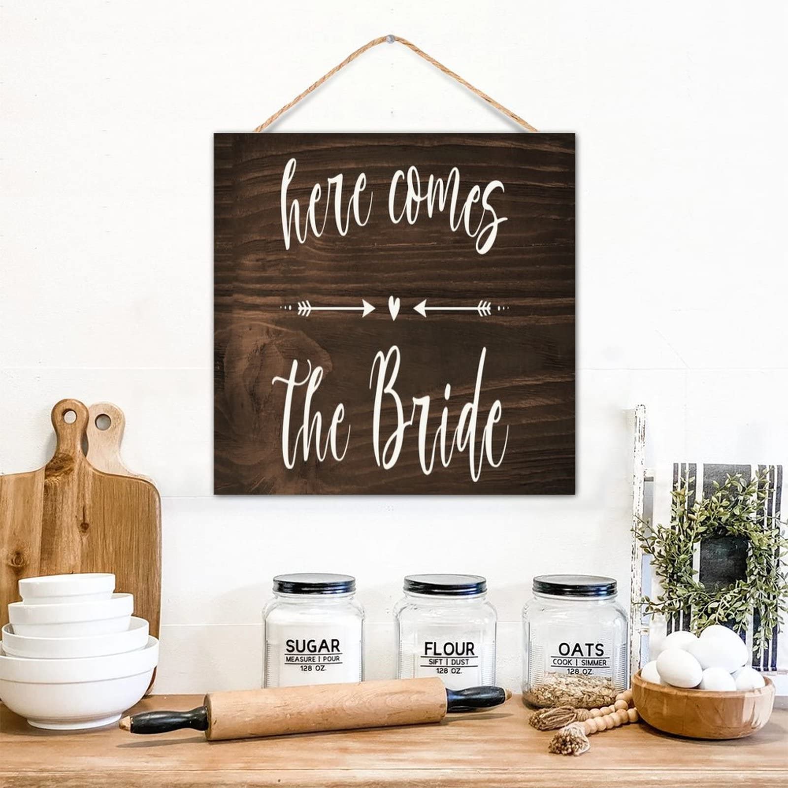 Cartello In Legno Here Comes The Bride – Decorazione Murale Rustica Per Matrimonio, 30x15 Cm