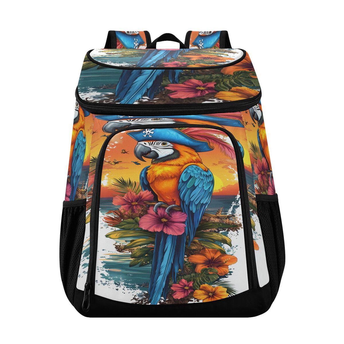 Macaw Hibiscus Flowers Orange Cooler Backpack Leakproof Insulated Lunch Cooler Bag 30 Cans Camping Backpacks for Camping Hiking Beach
