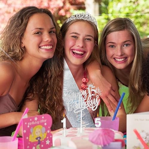Miniatura 5 de Decoraciones de cumpleaños número 15 para niñas, incluyendo tiara de corona de diamantes de imitación, banda con purpurina, adorno para pastel de
