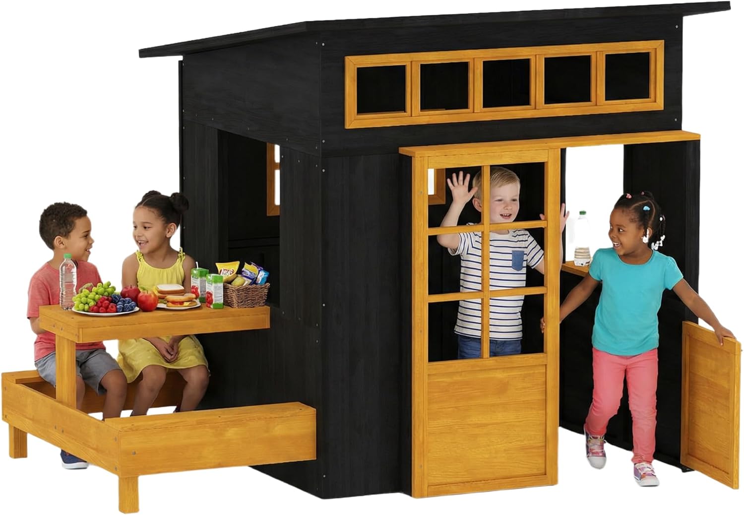 Qaba Kids Outdoor Playhouse, Fir Wooden Kids Playhouse with Picnic Table and Benches, Chalkboards, Half Door, Windows, DIY Cottage Play House for Indoor Outdoor Imaginative Play, for Ages 3-8