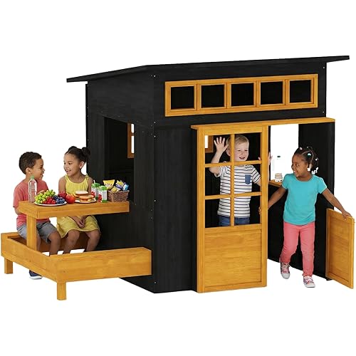 Qaba Kids Outdoor Playhouse, Fir Wooden Kids Playhouse with Picnic Table and Benches, Chalkboards, Half Door, Windows, DIY Cottage Play House for Indoor Outdoor Imaginative Play, for Ages 3-8