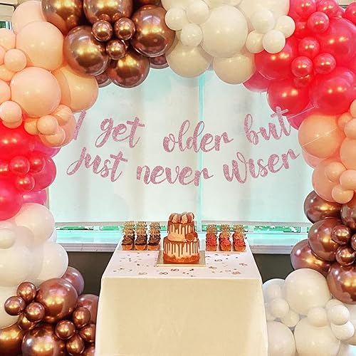 Miniatura 4 de Cartel de fiesta de cumpleaños con texto en inglés "I Get Older But Just Never Wiser Banner de oro rosa para ella, suministros de fiesta de