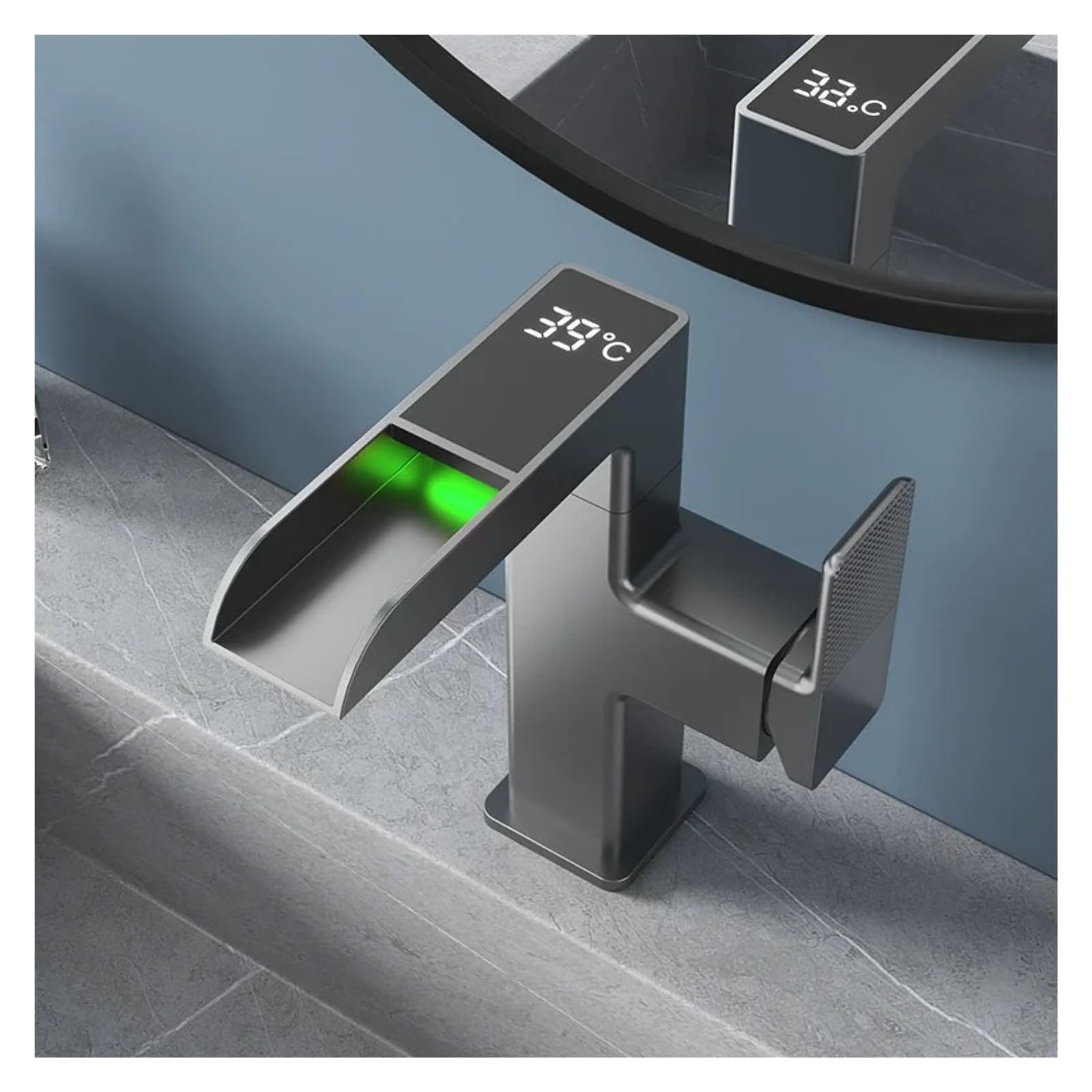 Grifo de baño, Grifo de baño en cascada, grifo monomando para lavabo SUS 304 gris con pantalla LED, frío y caliente(Grey)