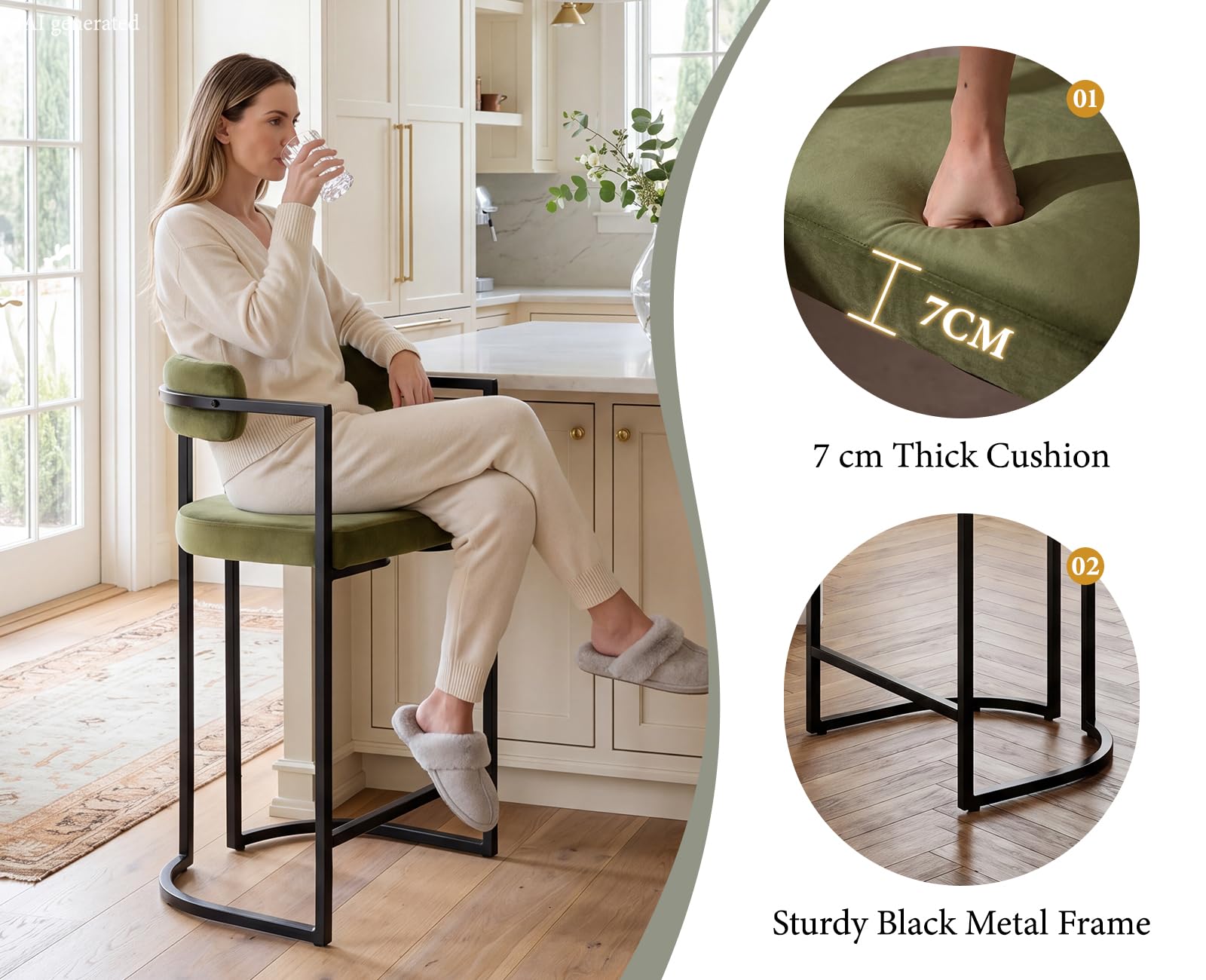 chairus Set di 2 Sgabelli da Cucina in Velluto Sgabelli da Bar Moderni Sgabelli Alti con Struttura in Metallo Sedie da Bar per Cucina Bancone, Verde