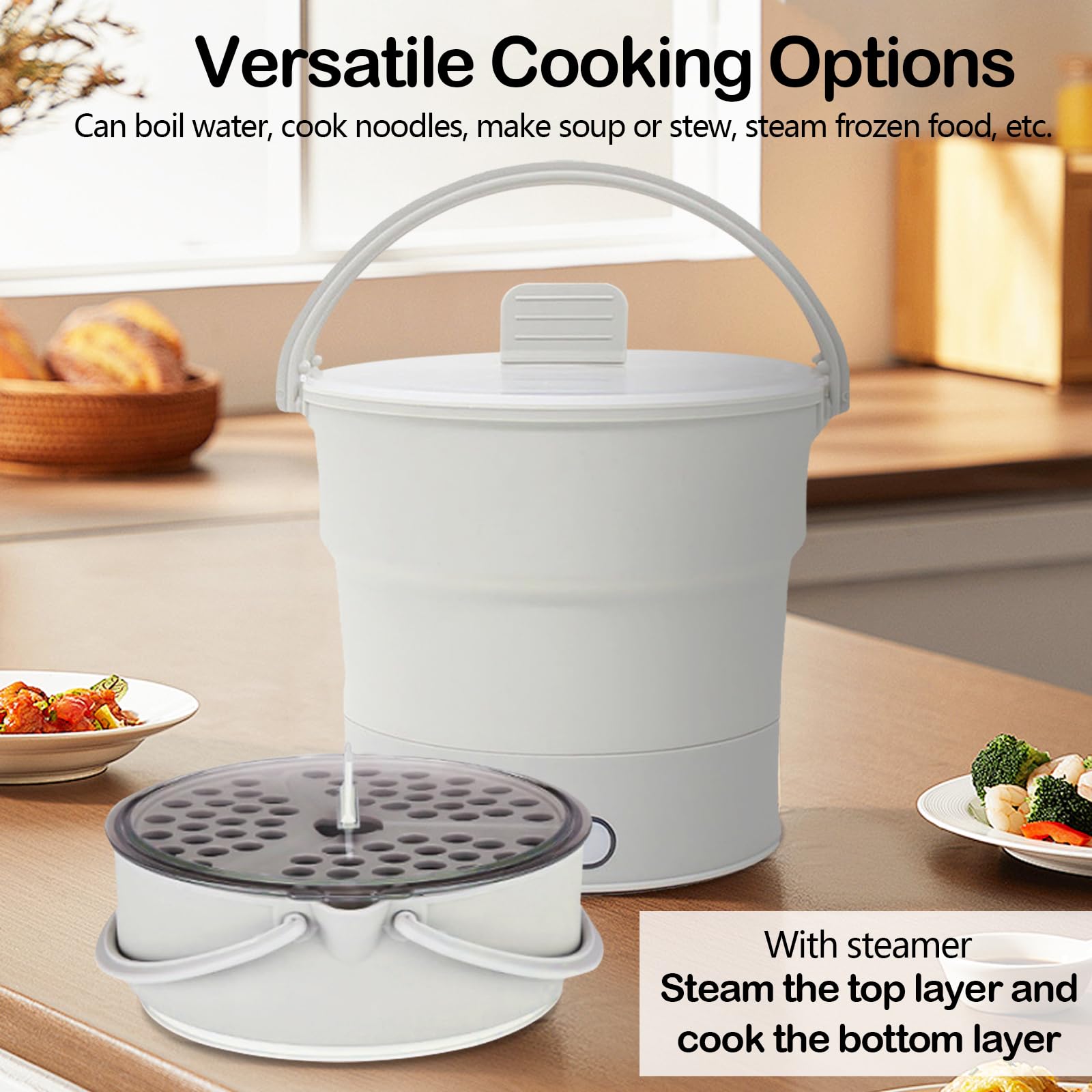 Elektrischer Hot Pot Faltbar, Faltbarer Elektrischer Reisekocher 1L 700W Multifunktionaler Elektrischer Kocher mit Dampf Eintopf Faltbarer Reisewasserkocher Edelstahlboden für Camping Wohnheim