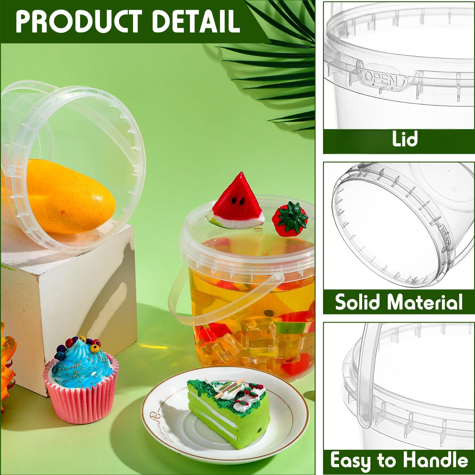 Vesici 60 Stück Eis-Eimer mit Deckel und Griff, 907 ml, 473 ml, 227 ml, Kunststoff, wiederverwendbar, transparent, Kunststoffwanne für Snacks, Delikatessen, Obst, transparent, auslaufsicher,