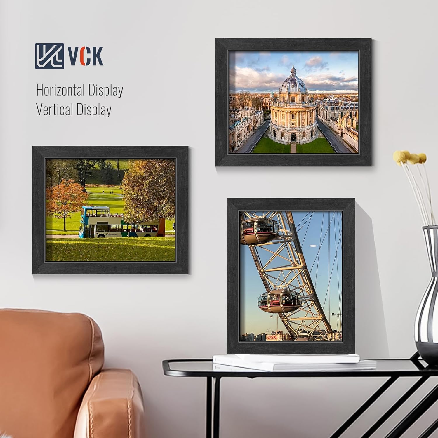 VCK 8x10 Picture Frames Black 3 Pack, Wide Border Solid Wood, Tempered Glass, Display 5x7 Photo with Mat or 8 x 10 without, for Home, Office, Gallery, Woodgrain Series, Tabletop & Wall Hanging