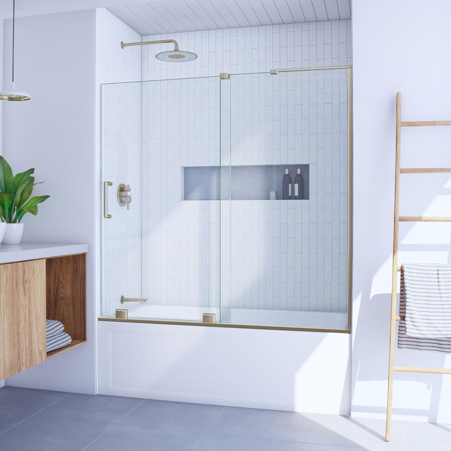 DreamLine Mirage-X 55-59 inch W x 58 inch H Frameless Sliding Tub Door in Brushed Gold