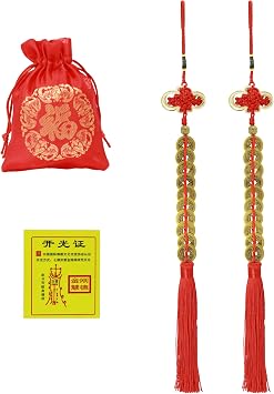 2 Pack Chinese Lucky 10 Coins Charm on Auspicious Red Cord Feng Shui for Wealth and Success