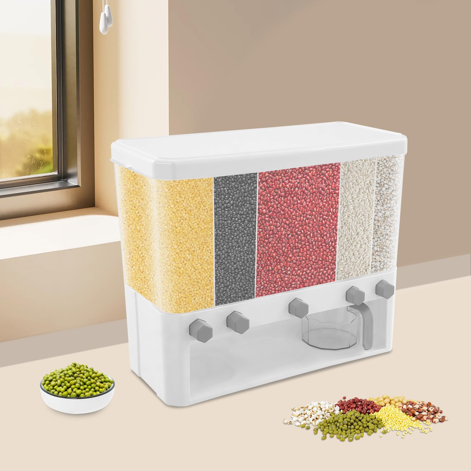 Contenitore per riso con 5 scomparti, 42 x 19,5 x 35,2 cm, impilabile, dispenser per cereali, 15 kg, con misurino, contenitore per riso, pasta, avena, fagioli e cereali, trasparente