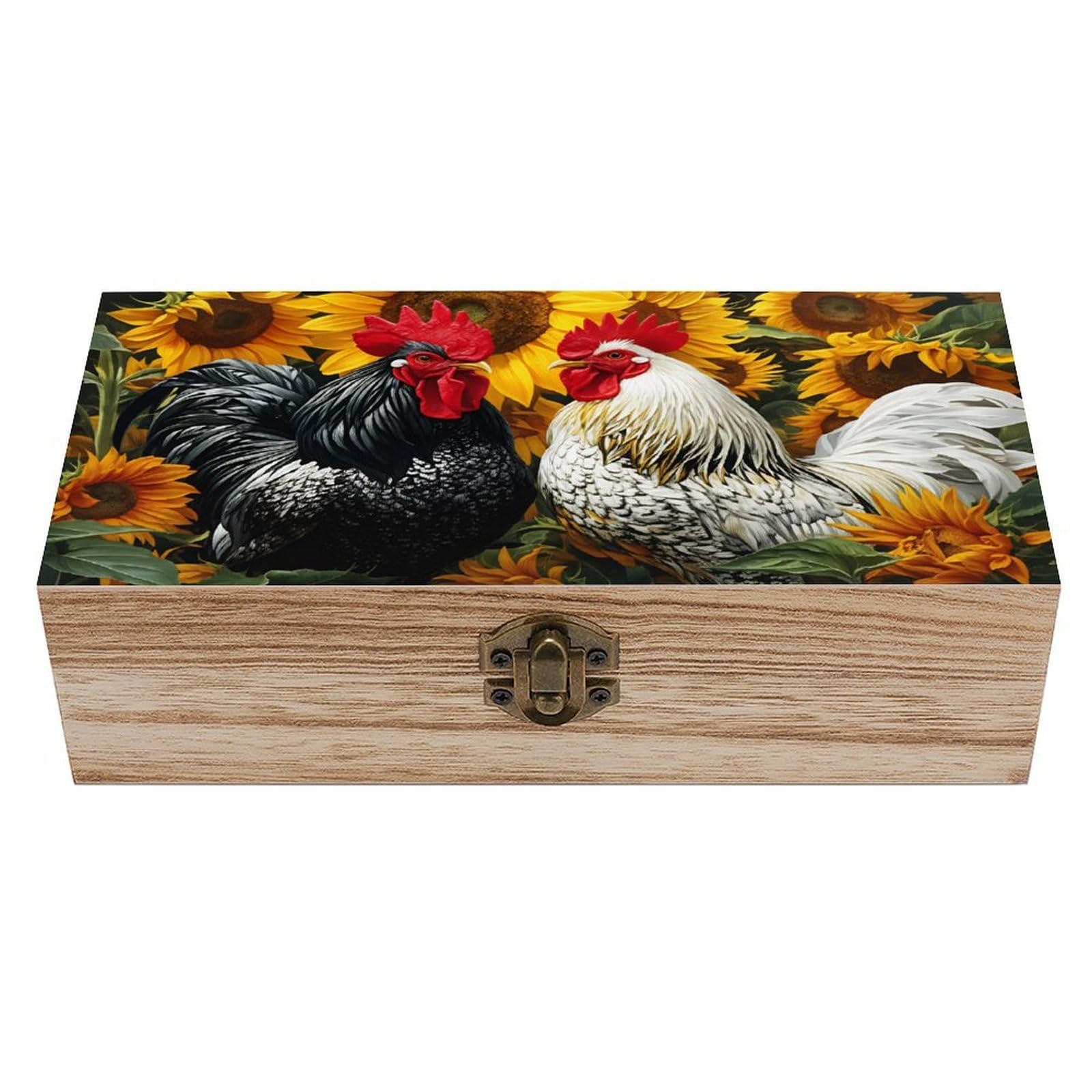 SMAZDFXX Rooster And Hen With Sunflowers Background Wooden Keepsake Box Vintage Solid Wood with Hinged Lid 7.9"×3.7"×2.3" Metal Latch Rustic Home Decor for Jewelry Photos And Trinkets