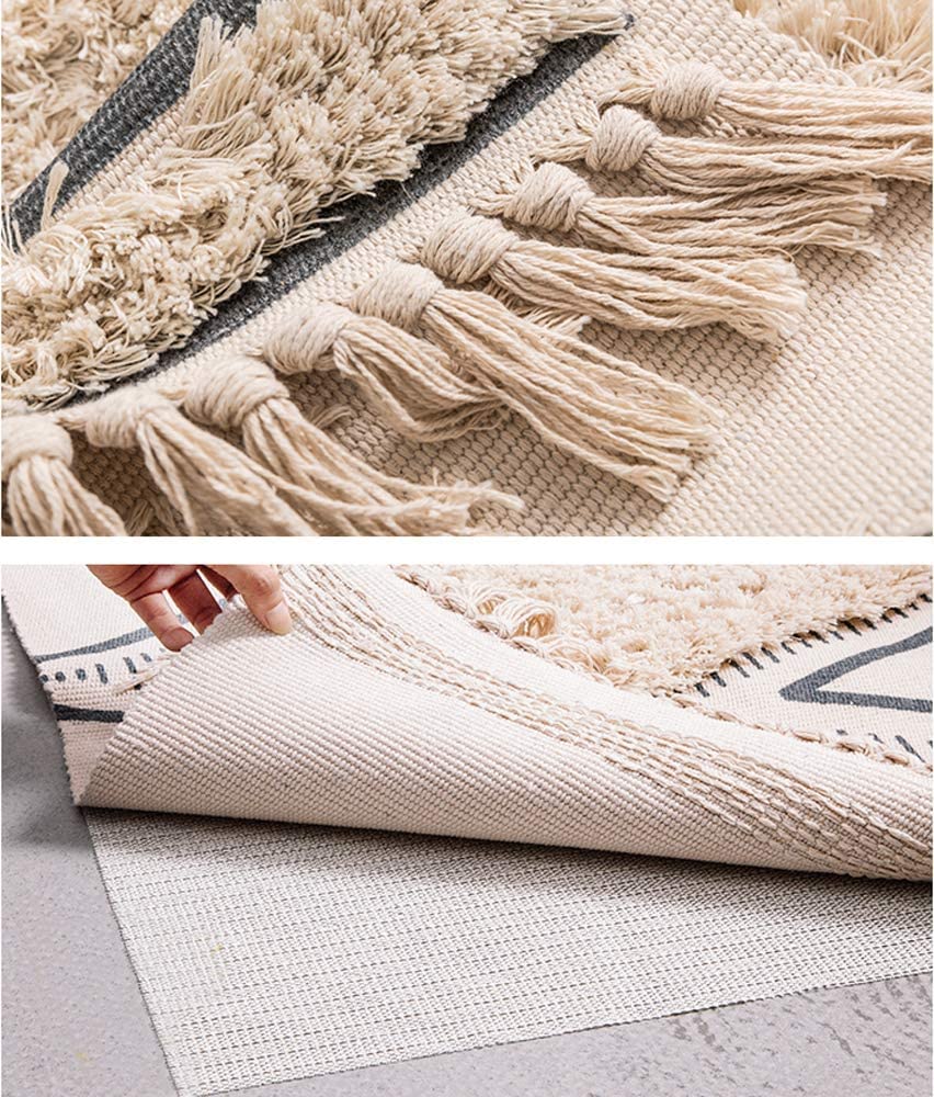 Alfombra de algodón con mechones de algodón, lavable con borlas, manta geométrica tejida, alfombra bohemia para lavandería/dormitorio (beis, 60 x 130 cm)