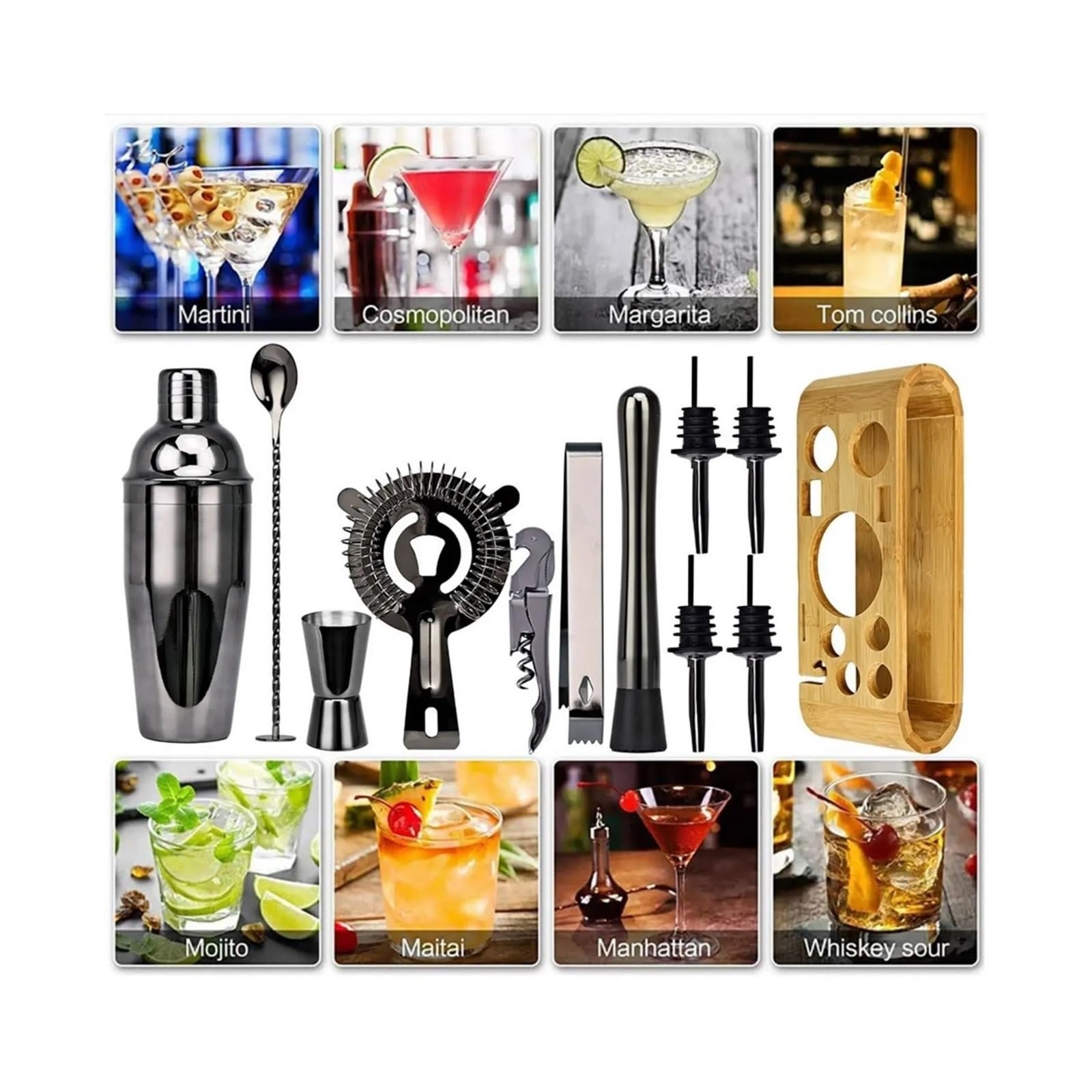 Set di strumenti da bar in acciaio inossidabile 12 pezzi con elegante supporto in bambù, shaker for cocktail, kit barista professionale for feste a casa(A)