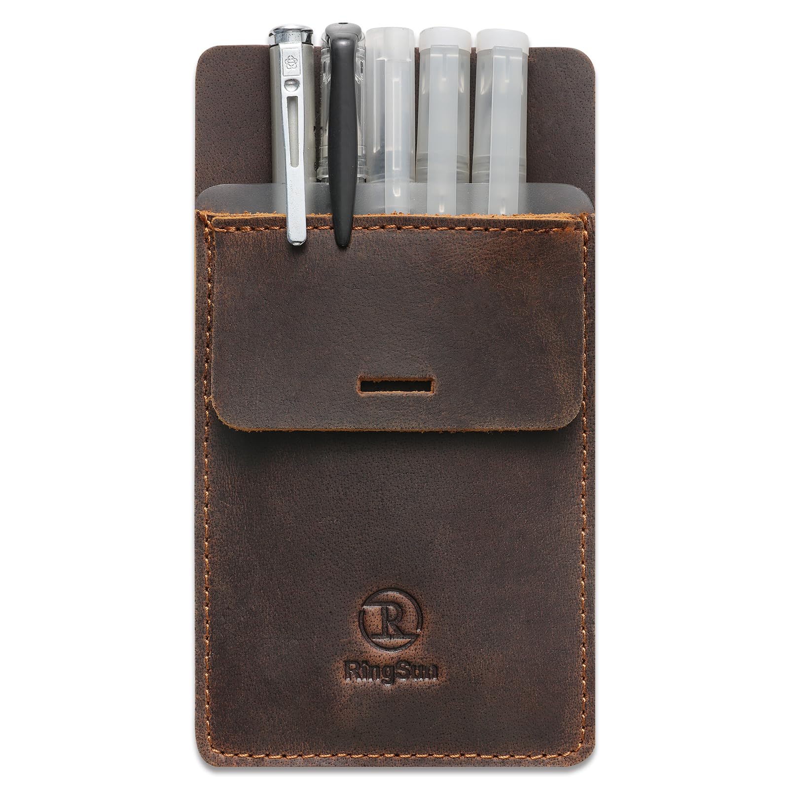 Ringsun Pocket Protector for Men, Full Grain Leather Pen Protect Holder for Heavy Duty Shirts, Lab Coats, Holds Pens, Pointers, Cards, Hold 8 Pens,
