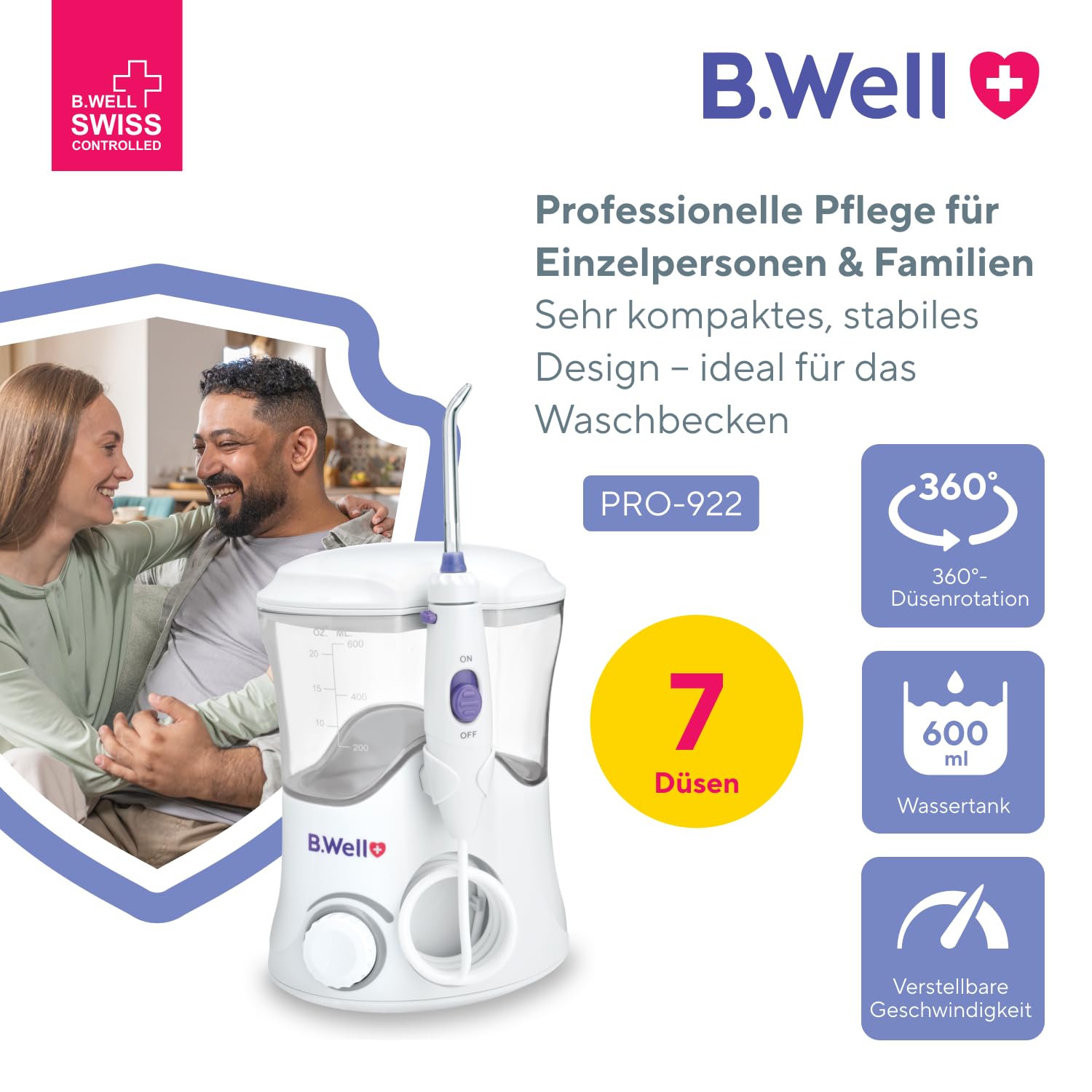 B.Well Swiss PRO-922 Stationäre Munddusche, Standgerät mit 10 Bedienmodi, 7 Düsen mit 360°-Rotation, 600-ml-Wassertank, Anti-Rutsch-Füßen, Pulsmodus und Netzdauerbetrieb