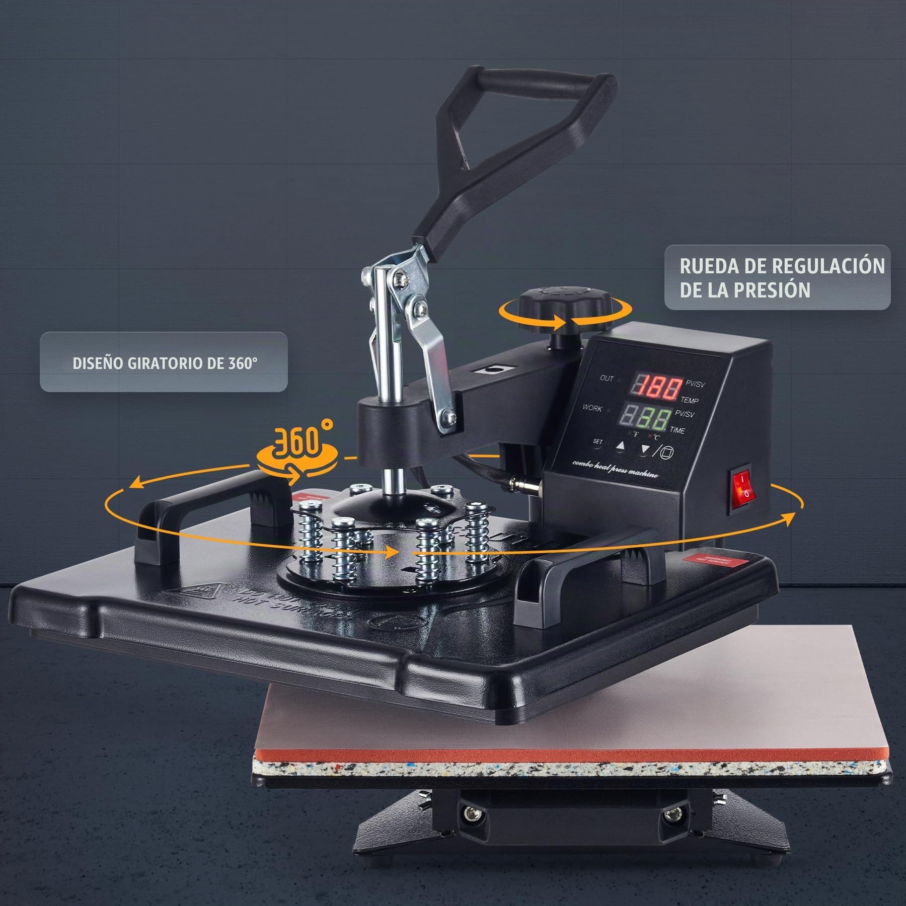 CREWORKS 8 en 1 Prensa de Calor 30X38CM con Pantalla LED Máquina de Sublimación Giratoria 360° Prensa Térmica para DIY Camisetas, Bolsas y Sombreros