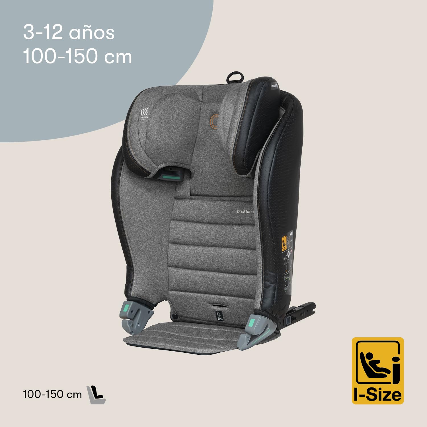 Casualplay Backfix i-size Silla de coche para niños de 3 a 12 años, de 100 a 150 cm, con isofix. Reduce el mareo. Light grey.