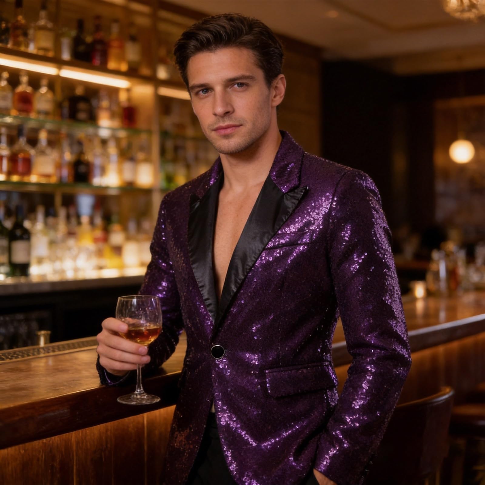 Blazer à Paillettes for Hommes, Coupe cintrée, Brillant, Veste de Costume de Smoking for Bal de Promo, col châle, Blazer de dîner for Hommes, Manteau Disco
