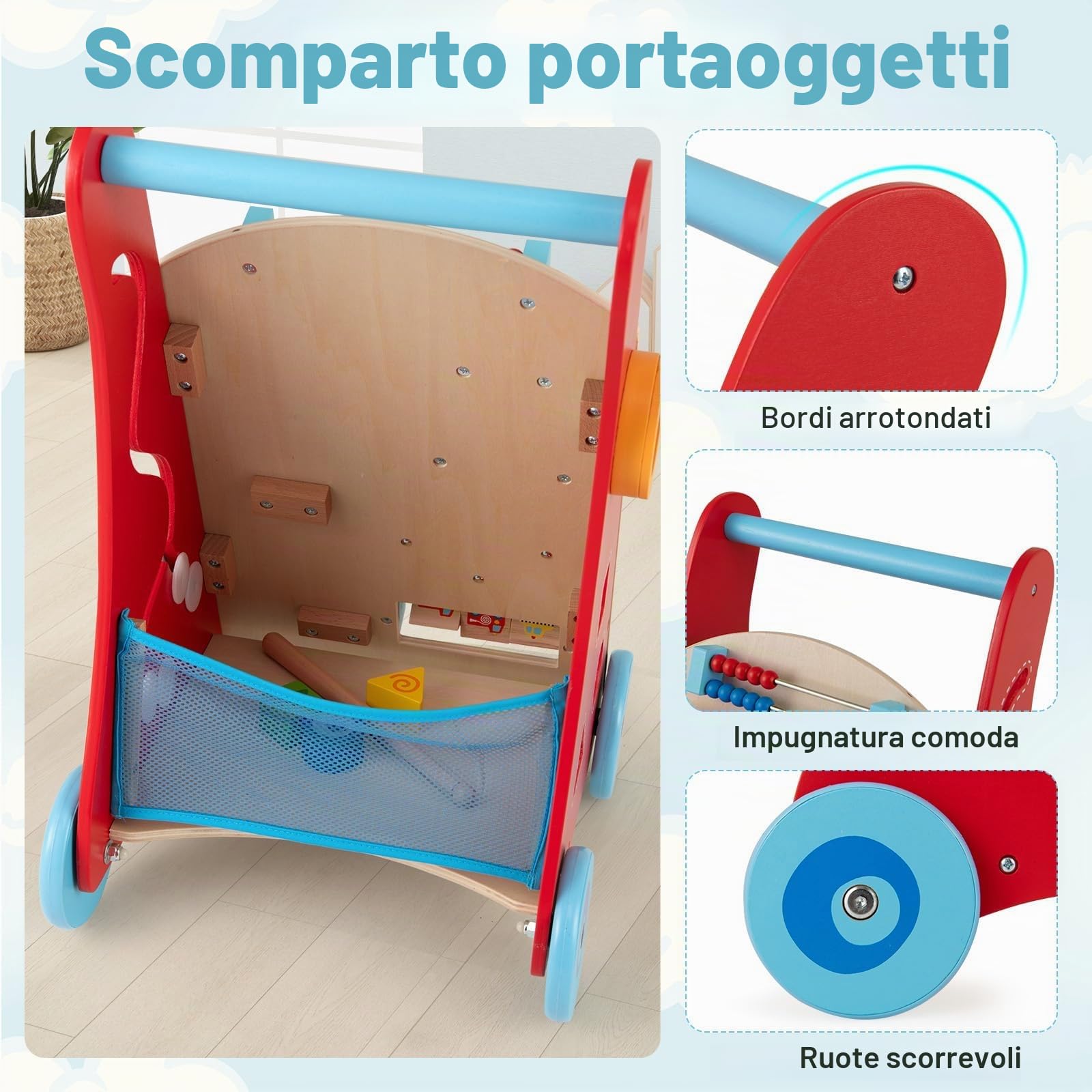 FANTASK Passeggino in legno per primi passi con manico, vano portaoggetti e ruote per spingere e tirare, Montessori Baby Walker per sedersi e stare in piedi, ragazzi e ragazze a partire da 1 anno