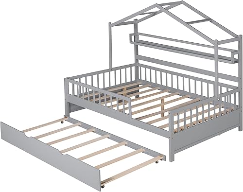 Miniatura 220 de Cama de casa de tamaño individual con 2 cajones, marco de cama de madera y barandilla de seguridad. Ahorra espacio, ideal para el dormitorio de un