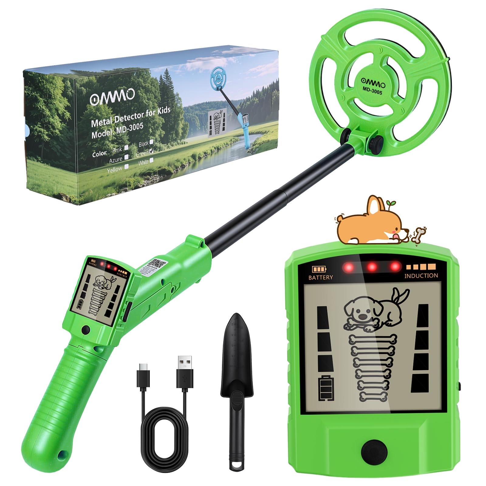 OMMO Metal Detector Kids, Rechargeable Children Metal Detector, Green