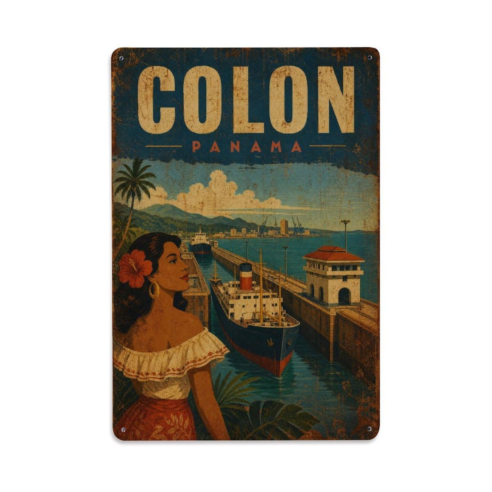 Travel Vintage Panama Colon Metal Tin Sign