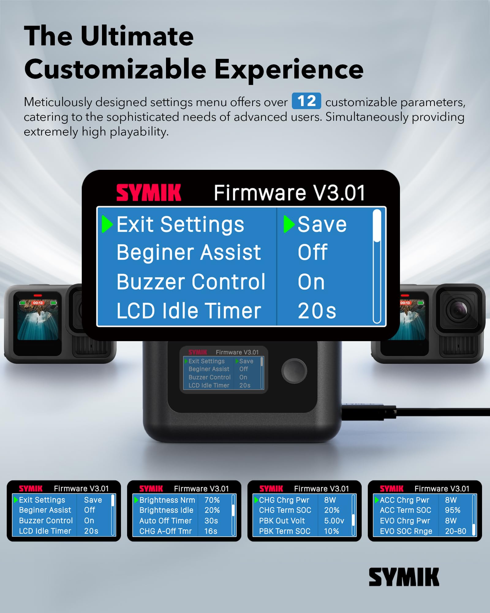 SYMIK Cargador para GoPro Hero 13, Mission 1 & Pro, 27W Triple Slot Carga Rápida con LCD, Hub Inteligente Bidireccional para Accesorios GoPro Hero 13 Mission 1 Pro