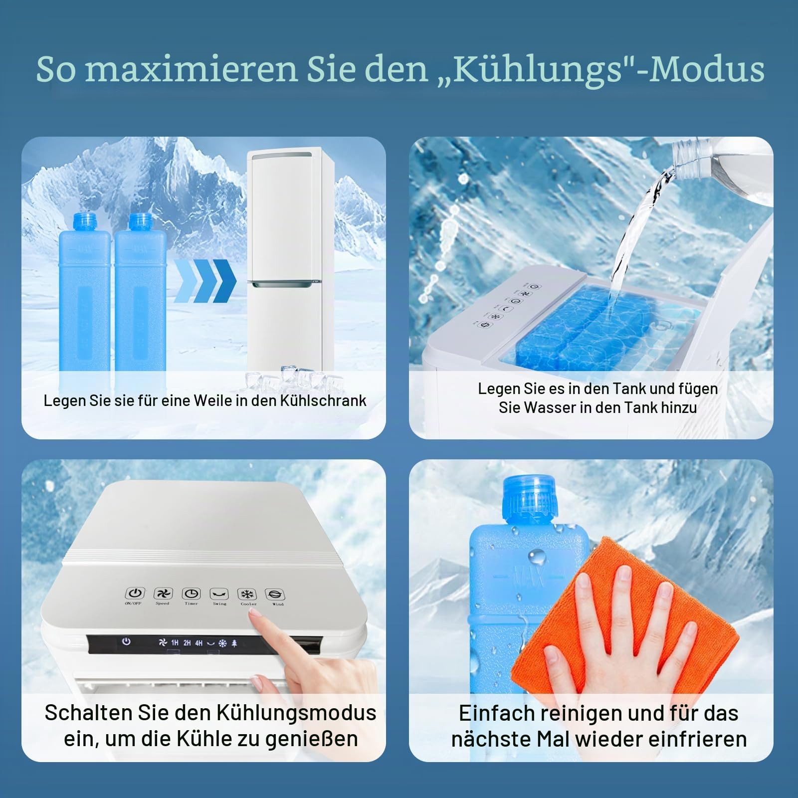 CAYNEL Tragbare Klimaanlagen, Verdunstungsluftkühler mit 7-Stunden-Timer für Auto-Off, 4 Modi und 3 Geschwindigkeiten, 4 Liter Tank-Fensterlose Klimaanlage, Sumpfkühler, Klimaanlage für Zimmer