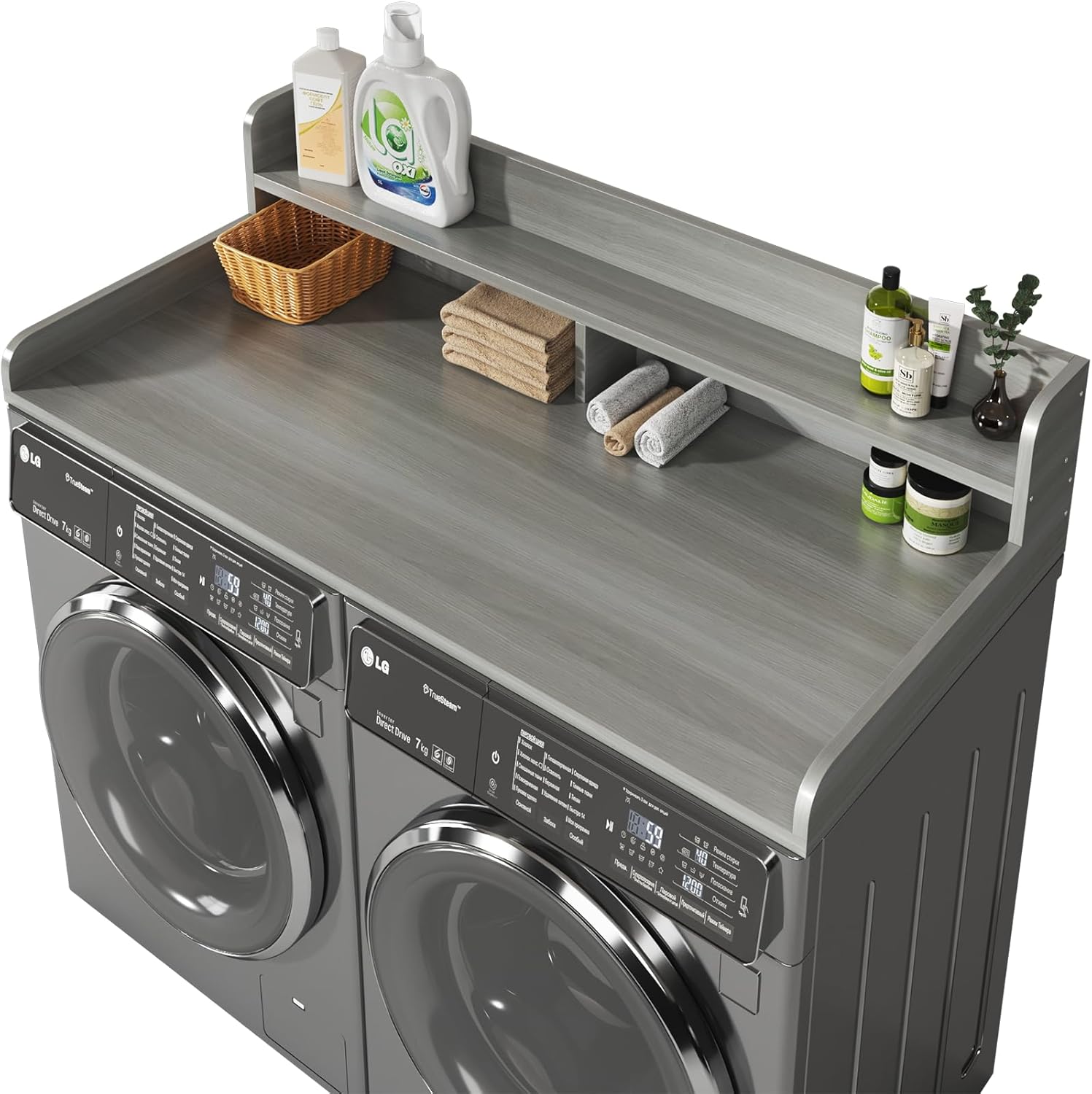 2-Tier Washer And Dryer Countertop With 2.75"H Guard,54"W x 27.5"D Laundry Countertop Cover With Non-Slip Pad,Large Space Laundry Topper For Folding Clothes Over Washer And Dryer-Stripe Gray 2 Tiers-54"Wx27.5"Dx12"H Stripe Gray