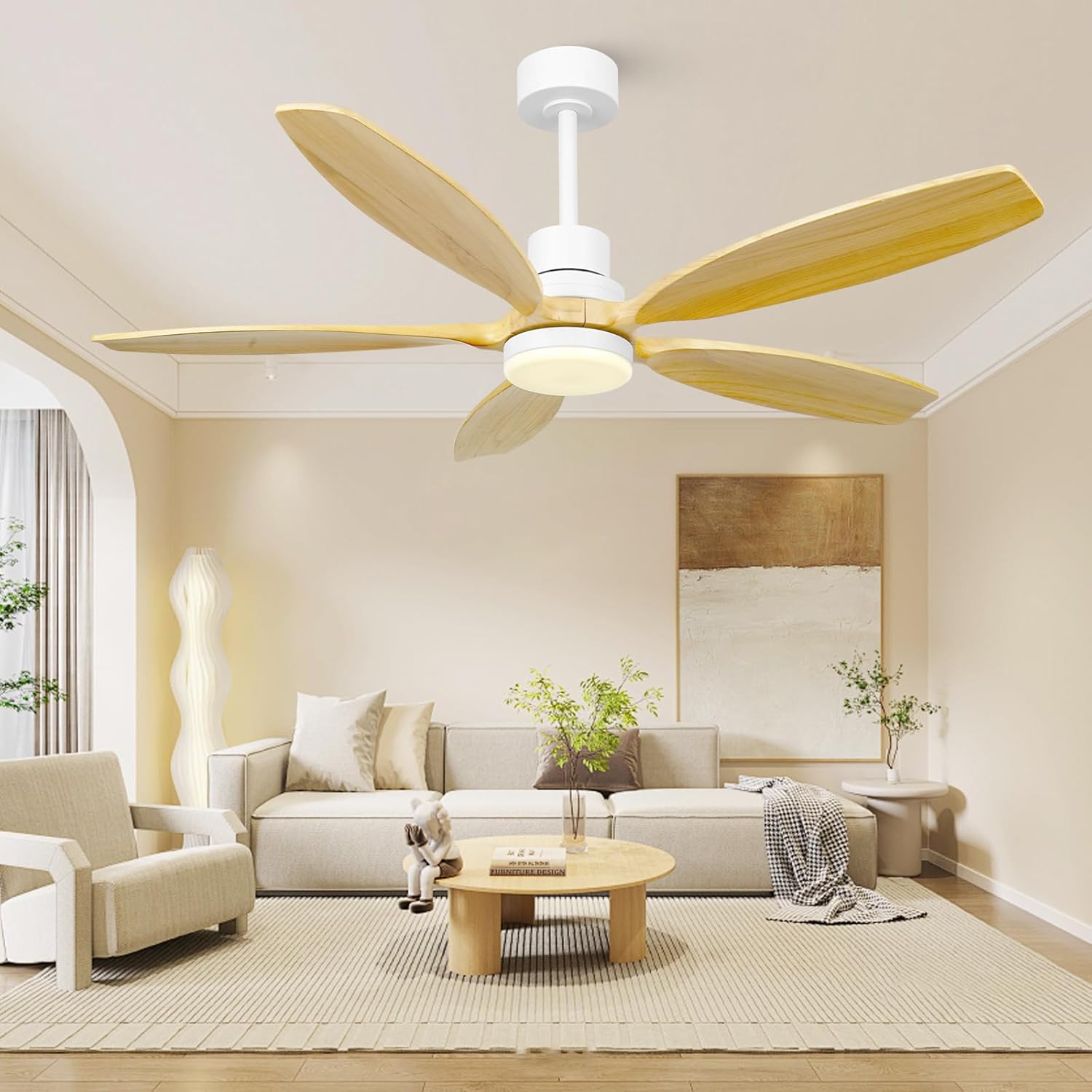 52" Ceiling Fan with Light and Remote,Reversible DC Motor,6Speed,Modern Natural Wood Ceiling Fan with Dimmable LED for Outdoor Patios Bedroom Living Room,Original Walnut and White