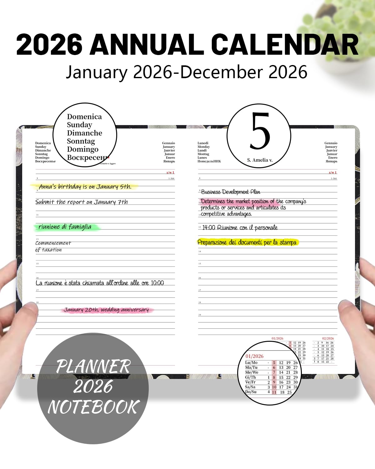 Agenda 2026 (DE/IT/ES/EN/FR) Impermeabile - Copertina in PU+CARTA con Elastico | Pagina al Giorno | Formato A5, Festività UE, Gennaio-Dicembre 2026