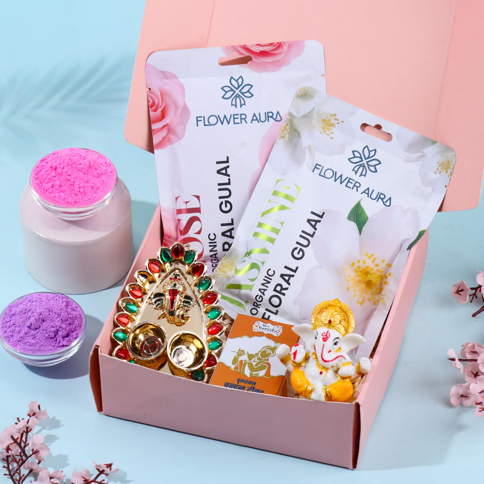 FlowerAura Premium Holi Celebration Hamper of 2 Floral Gulal, Mini Tikka Thali, Lord Ganesha Idol & Chandan Tikka in Box - 100% Organic Herbal Gulal | Skin Friendly Gulal | Easy to Remove from Skin-image-36